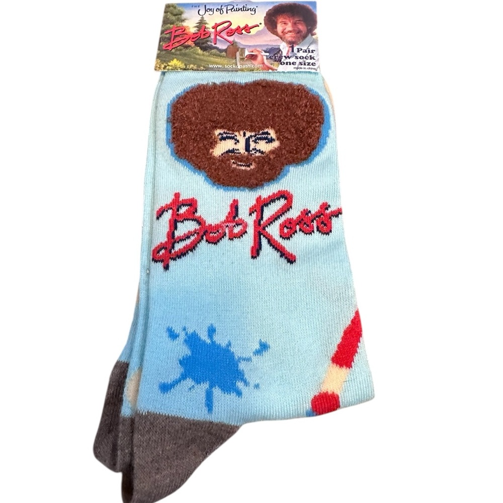 Bob Ross “The Joy of Painting”‎ Crew Socks Light Blue and Red unisex  nwt